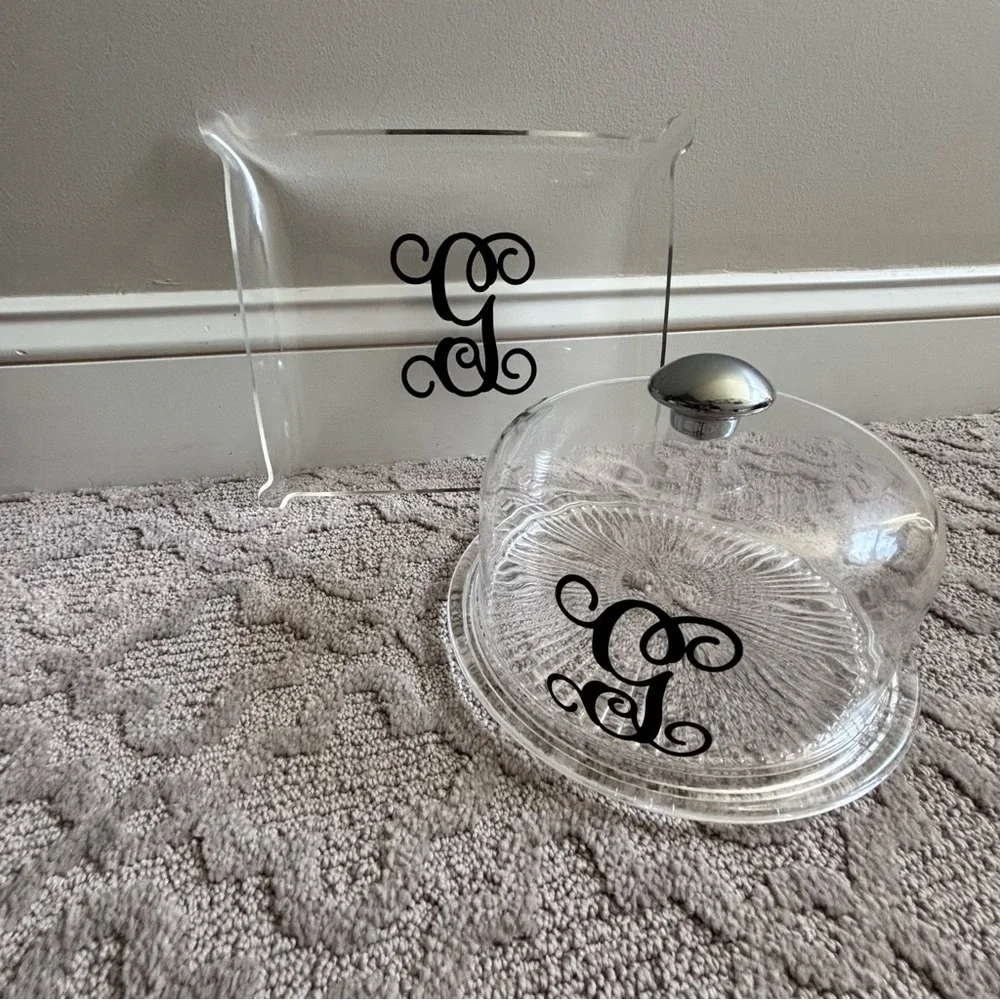 Clear Enamel Covered Cheese Board Dish with Serving Tray Monogram G Gift Party - Picture 1 of 7